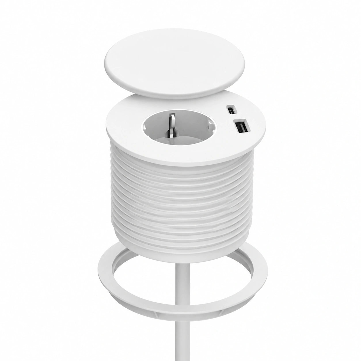 Weißes Einbau-Steckdosenset mit USB-C und Abdeckung für 80mm Tischloch