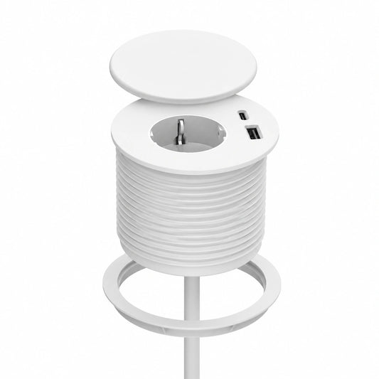 Weißes Einbau-Steckdosenset mit USB-C und Abdeckung für 80mm Tischloch