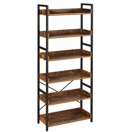 Industrielles Rolanstar Bücherregal mit 6 Ebenen und Haken, Holzregal mit Kantenschutz für Wohnzimmer, Schlafzimmer, Büro
