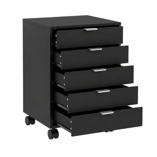 Mobiler Aktenschrank mit 5 Schubladen, Büro-Rollcontainer, Schwarz